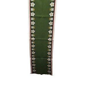 Vintage 1960 German Green Woven Table Runner Embroidered Festival Holiday Design